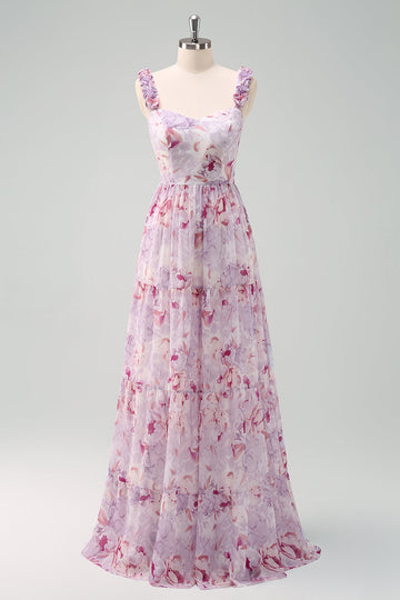 A-linje grå lilla spaghetti stropper blomstret lang brudepigekjole